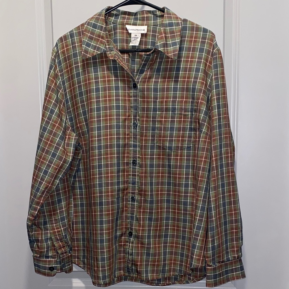 Evan Picone Plaid Button Down Shirt Brown Green Vintage Women 18W Classic